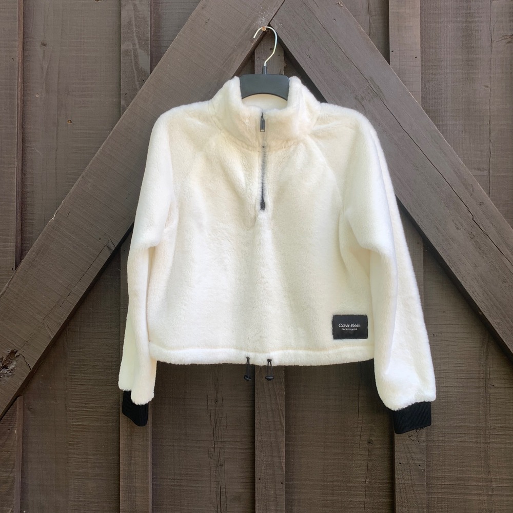 Calvin Klein Performance Faux Fur Quarter Zip Pullover Ivory Women's Small